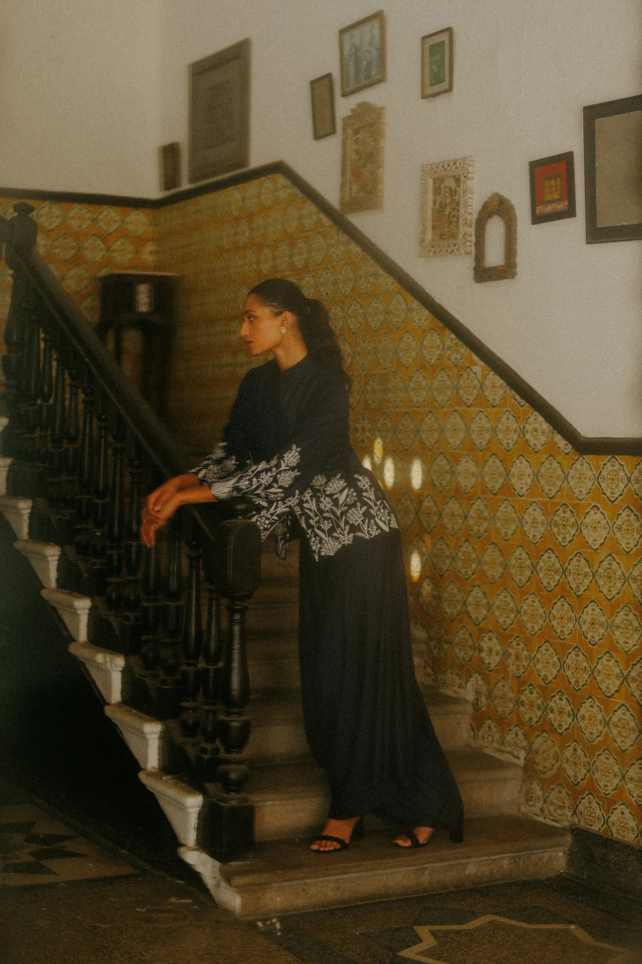 Navy Blue Embroidered Coat with Asymmetrical Pants