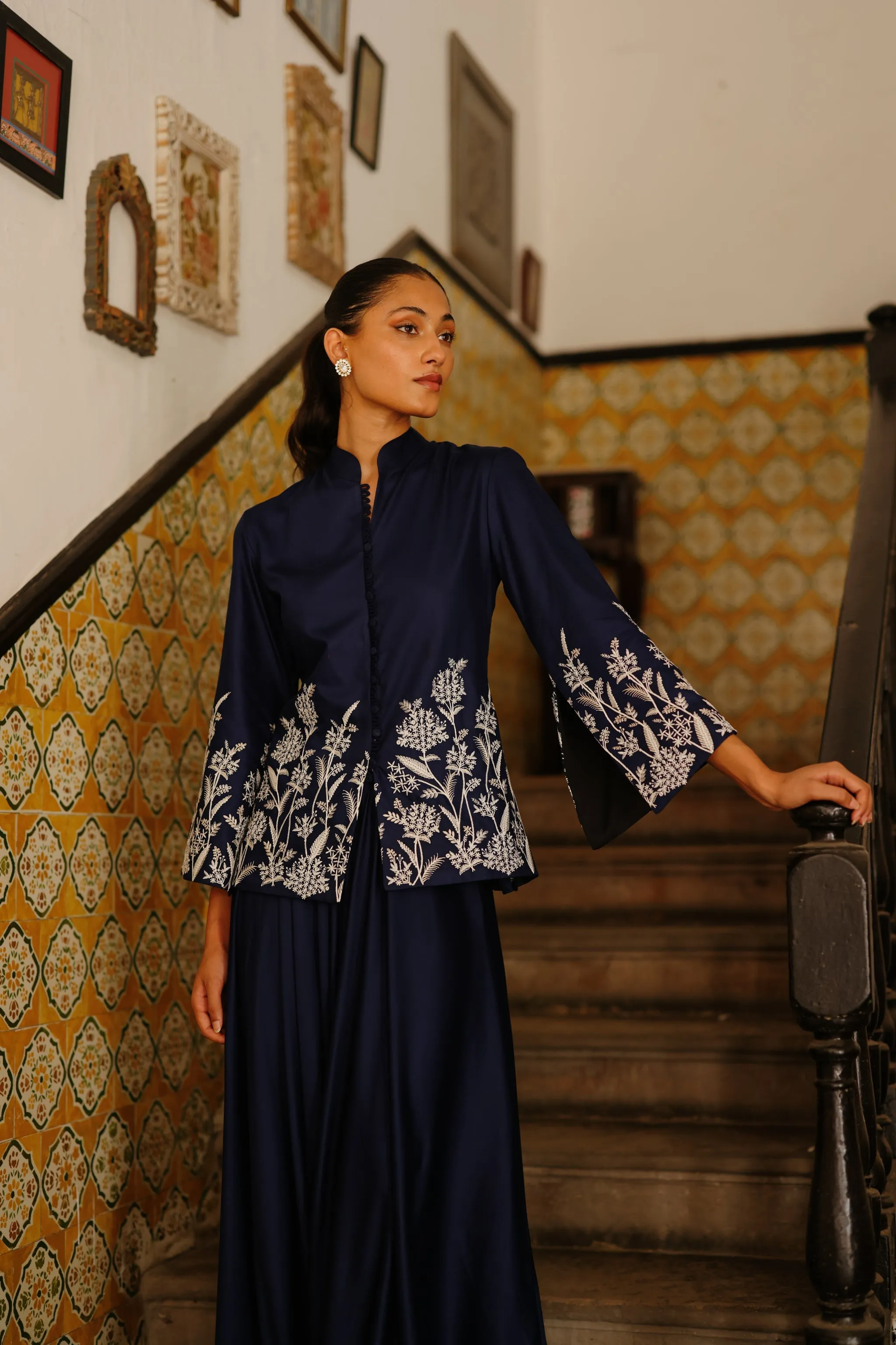 Navy Blue Embroidered Coat with Asymmetrical Pants