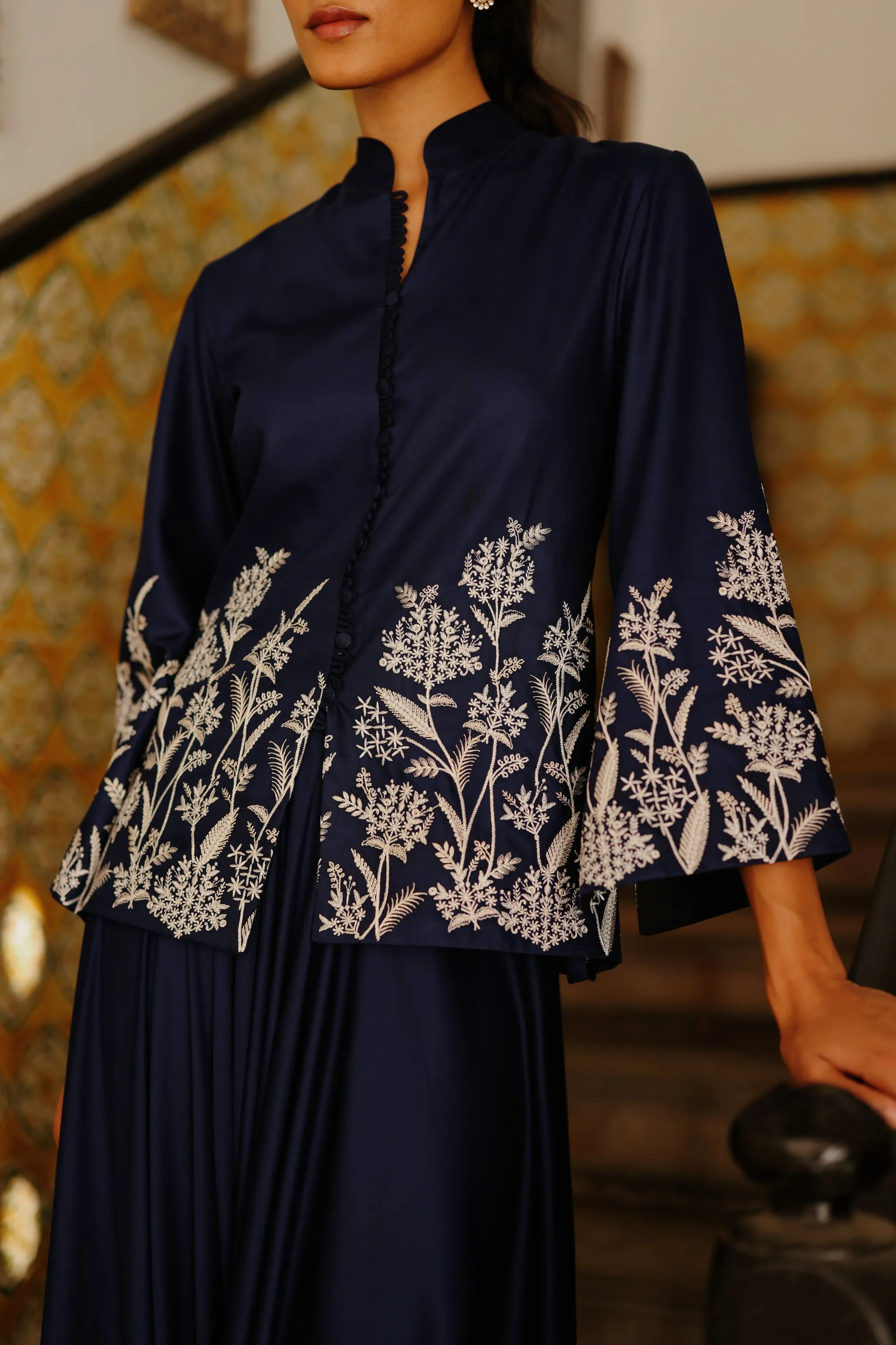 Navy Blue Embroidered Coat with Asymmetrical Pants