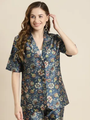 Navy Floral Short Sleeves Blazer