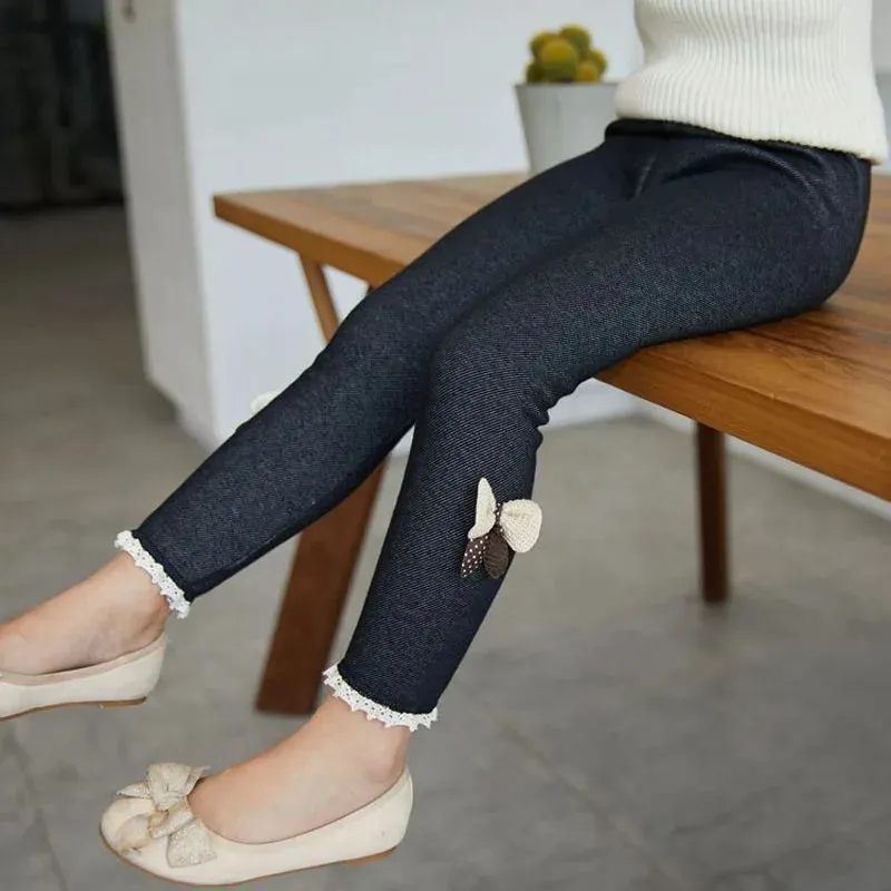 New Autumn Winter Girls Jean Pants Warm Children Leggings Thicken Velvet Bowknot Kids Trousers Baby Girl Pants Icing Leggings