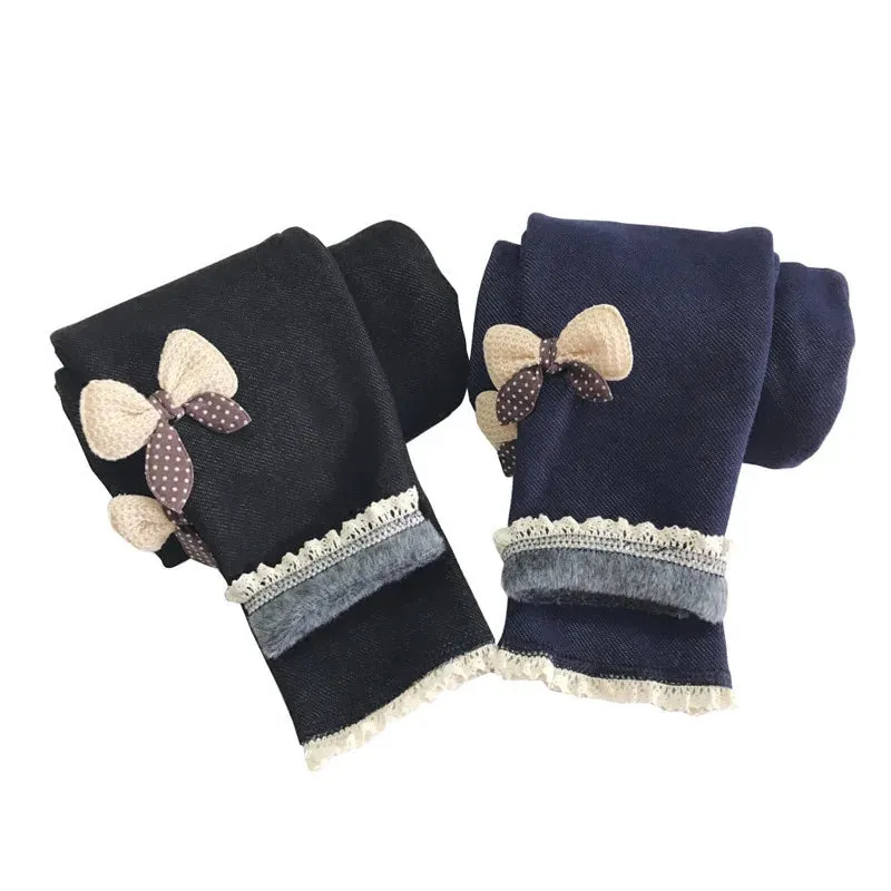 New Autumn Winter Girls Jean Pants Warm Children Leggings Thicken Velvet Bowknot Kids Trousers Baby Girl Pants Icing Leggings