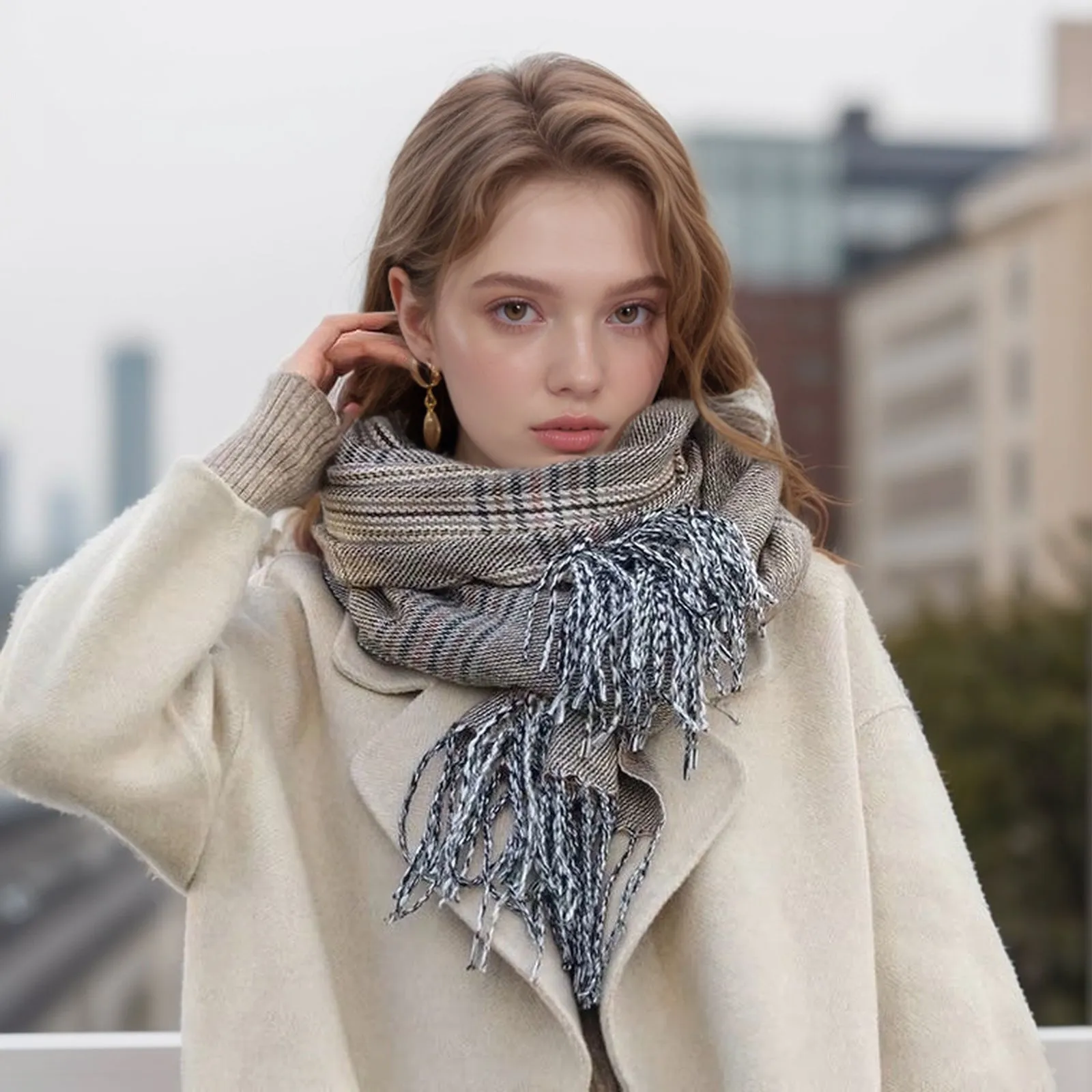 New Autumn Winter Thin Stylish Retro Tassel Plaid High-end Classic Elegant Scarf