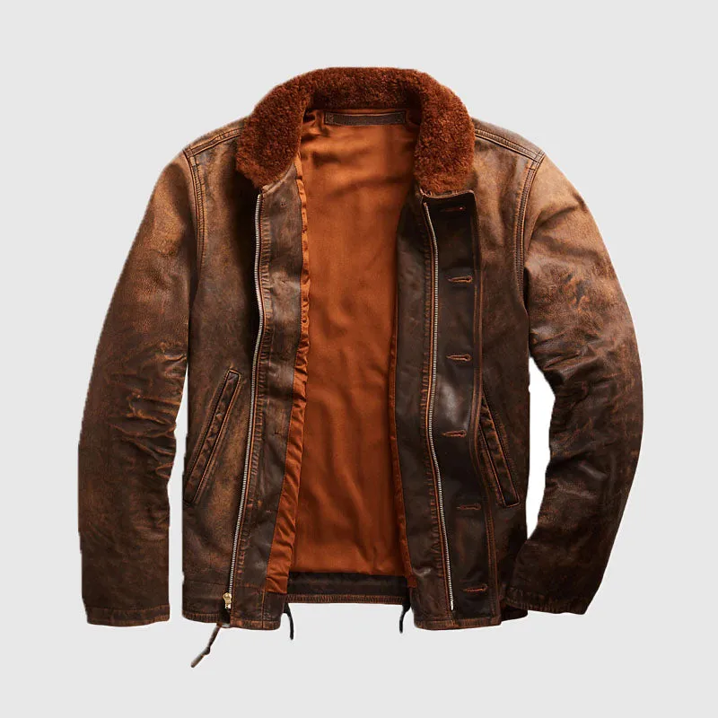 New High Quality Shearling Leather Deck Jacket Brown