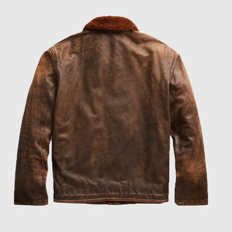 New High Quality Shearling Leather Deck Jacket Brown