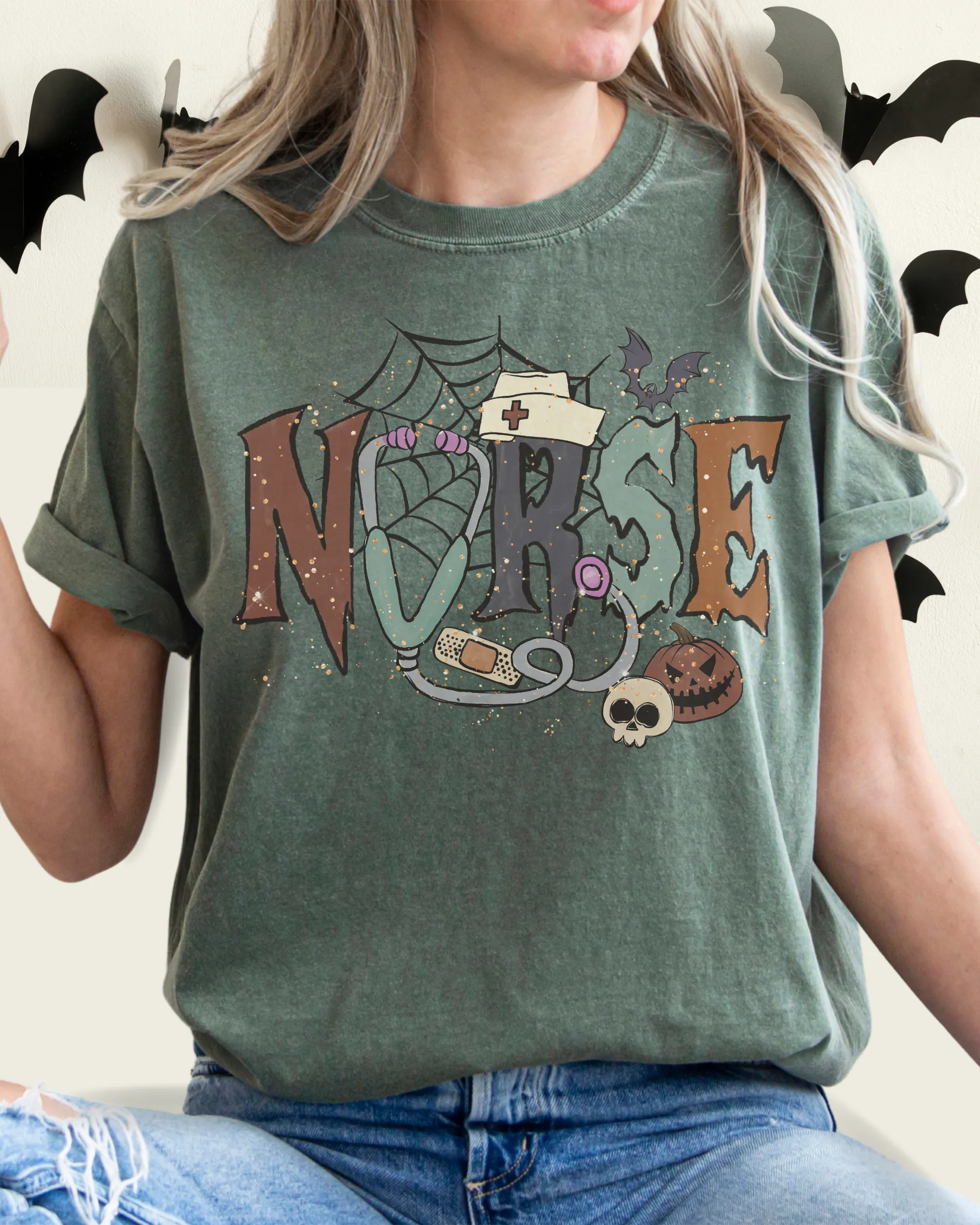 Nurse Halloween Comfort Colors® T-Shirt, Women's Halloween Design Tee, Retro Nurses Halloween T-Shirt