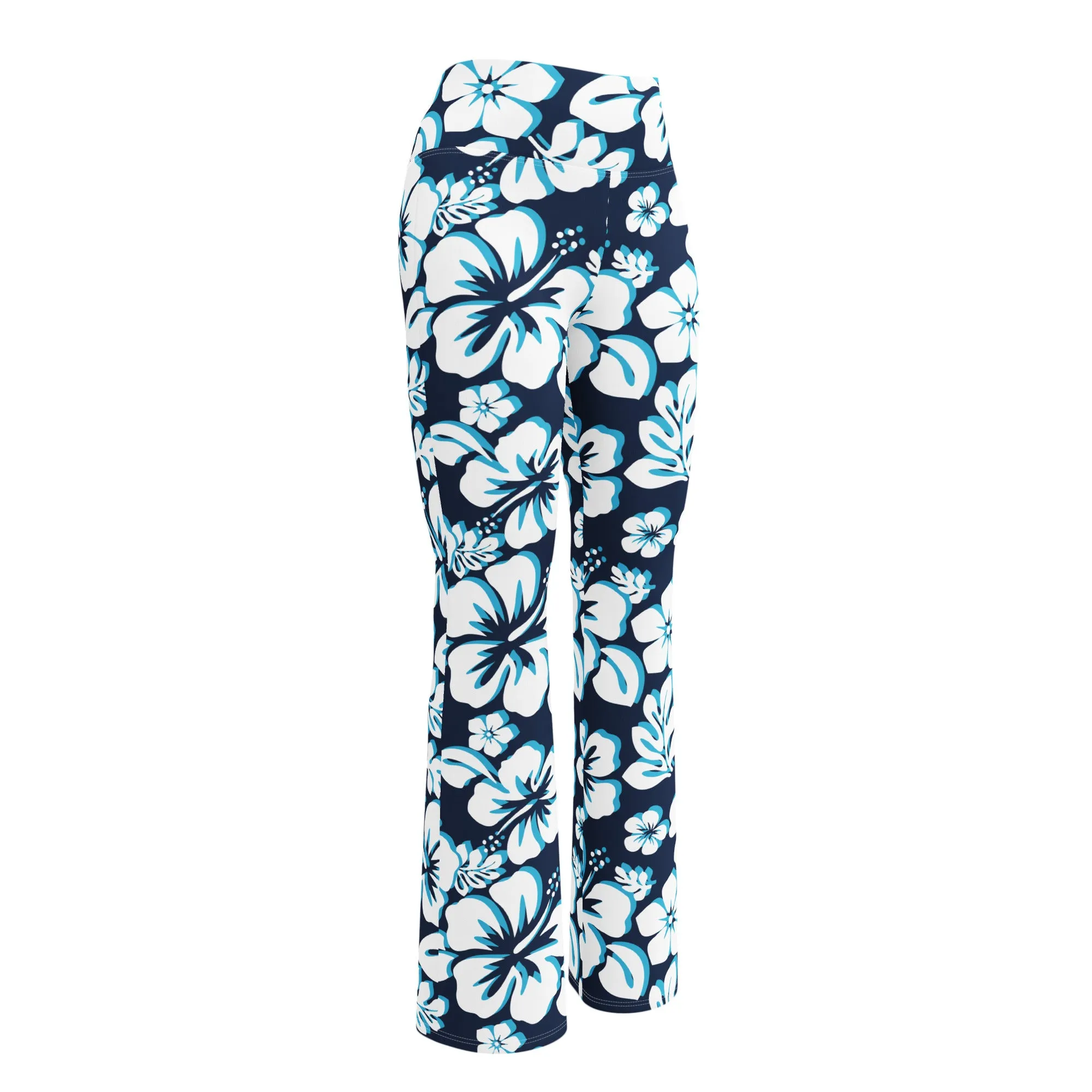 Ocean Blues Hawaiian Flowers Flare Leggings