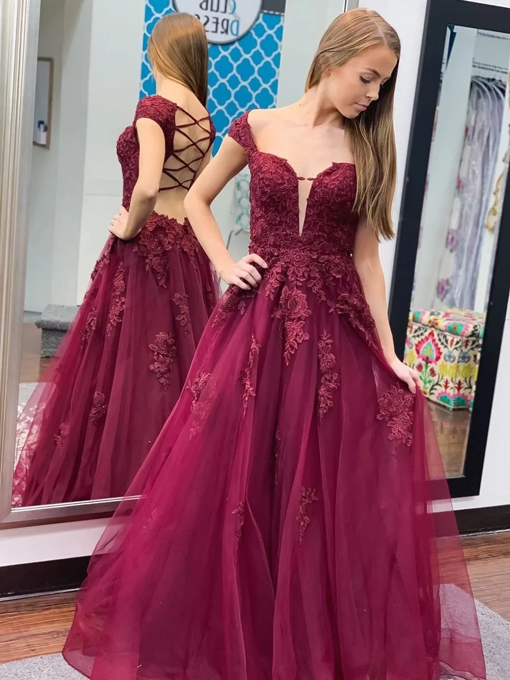 Off Shoulder Open Back Burgundy Lace Prom 2020, Cap Sleeves Maroon Lace Formal, Burgundy Lace Evening