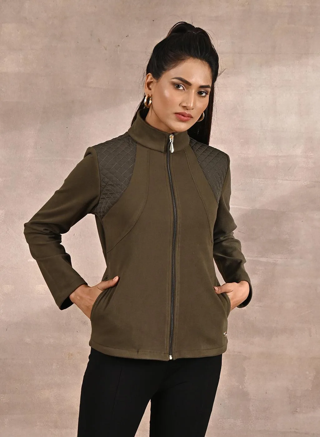 Olive Fleece Full-sleeve Jacket with Quilted Yoke at Front