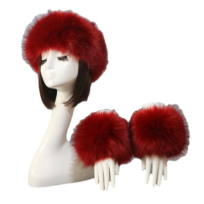 One Set Women Faux Fox Fur Cuffs   Headband Winter Warmer Hat Arm Wrist Sleeve Gloves Female Faux Fur Cap Elastic Wristband