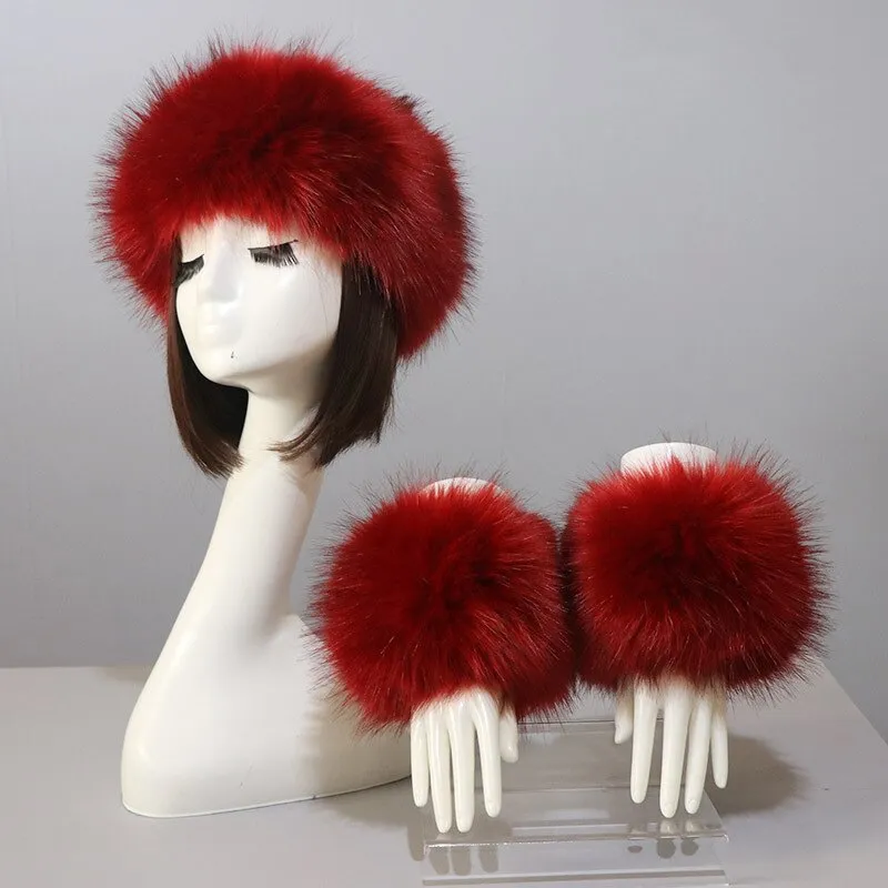 One Set Women Faux Fox Fur Cuffs   Headband Winter Warmer Hat Arm Wrist Sleeve Gloves Female Faux Fur Cap Elastic Wristband