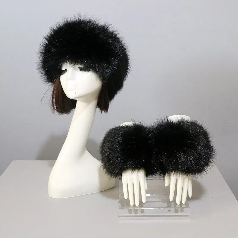 One Set Women Faux Fox Fur Cuffs   Headband Winter Warmer Hat Arm Wrist Sleeve Gloves Female Faux Fur Cap Elastic Wristband