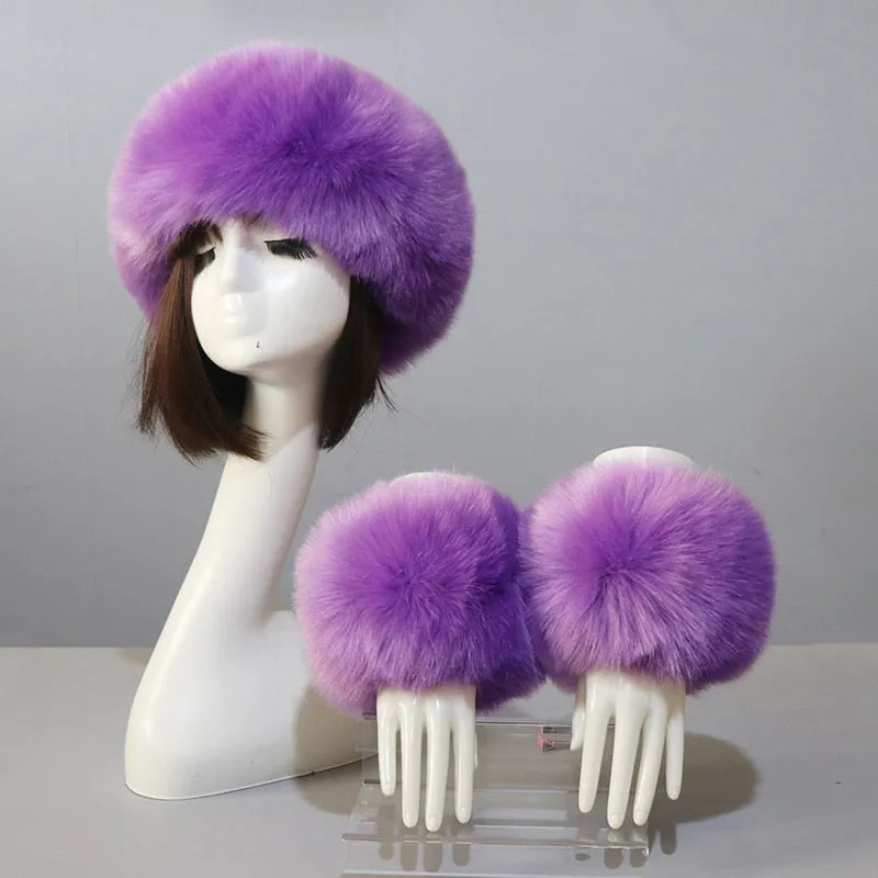 One Set Women Faux Fox Fur Cuffs   Headband Winter Warmer Hat Arm Wrist Sleeve Gloves Female Faux Fur Cap Elastic Wristband