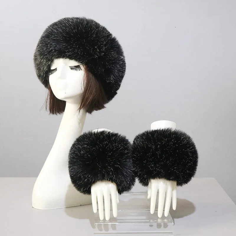 One Set Women Faux Fox Fur Cuffs   Headband Winter Warmer Hat Arm Wrist Sleeve Gloves Female Faux Fur Cap Elastic Wristband