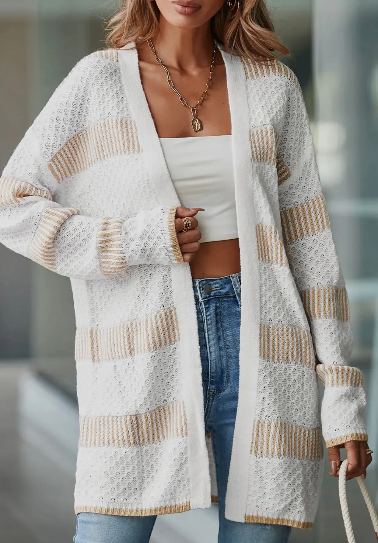 Outerwear - Beige Textured Stripe Pattern Drop Shoulder Duster Cardigan