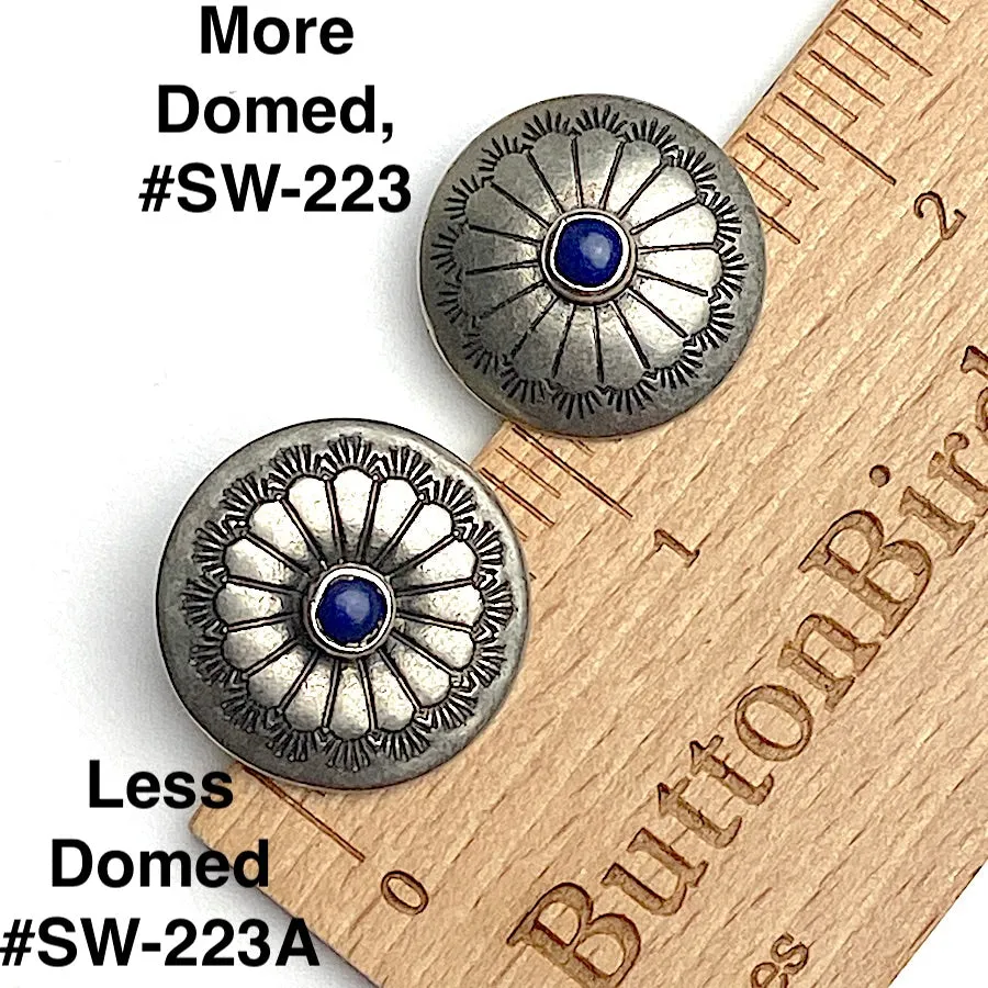 OUTLET ITEM Concho Sunflower Button with "Lapis" Stone, Less Domed, Nickel Silver 7/8"   #SW-223A