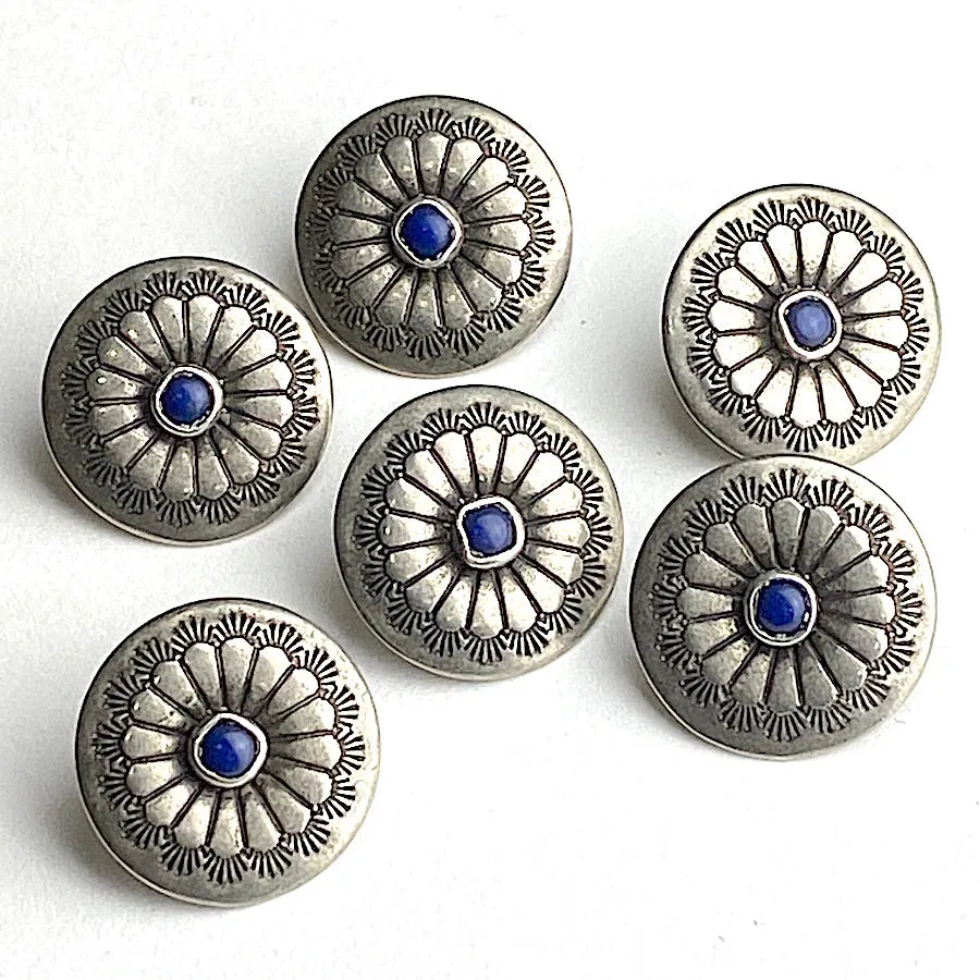 OUTLET ITEM Concho Sunflower Button with "Lapis" Stone, Less Domed, Nickel Silver 7/8"   #SW-223A