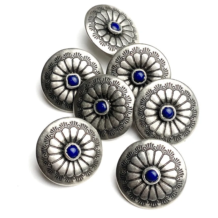 OUTLET ITEM Concho Sunflower Button with "Lapis" Stone, Less Domed, Nickel Silver 7/8"   #SW-223A