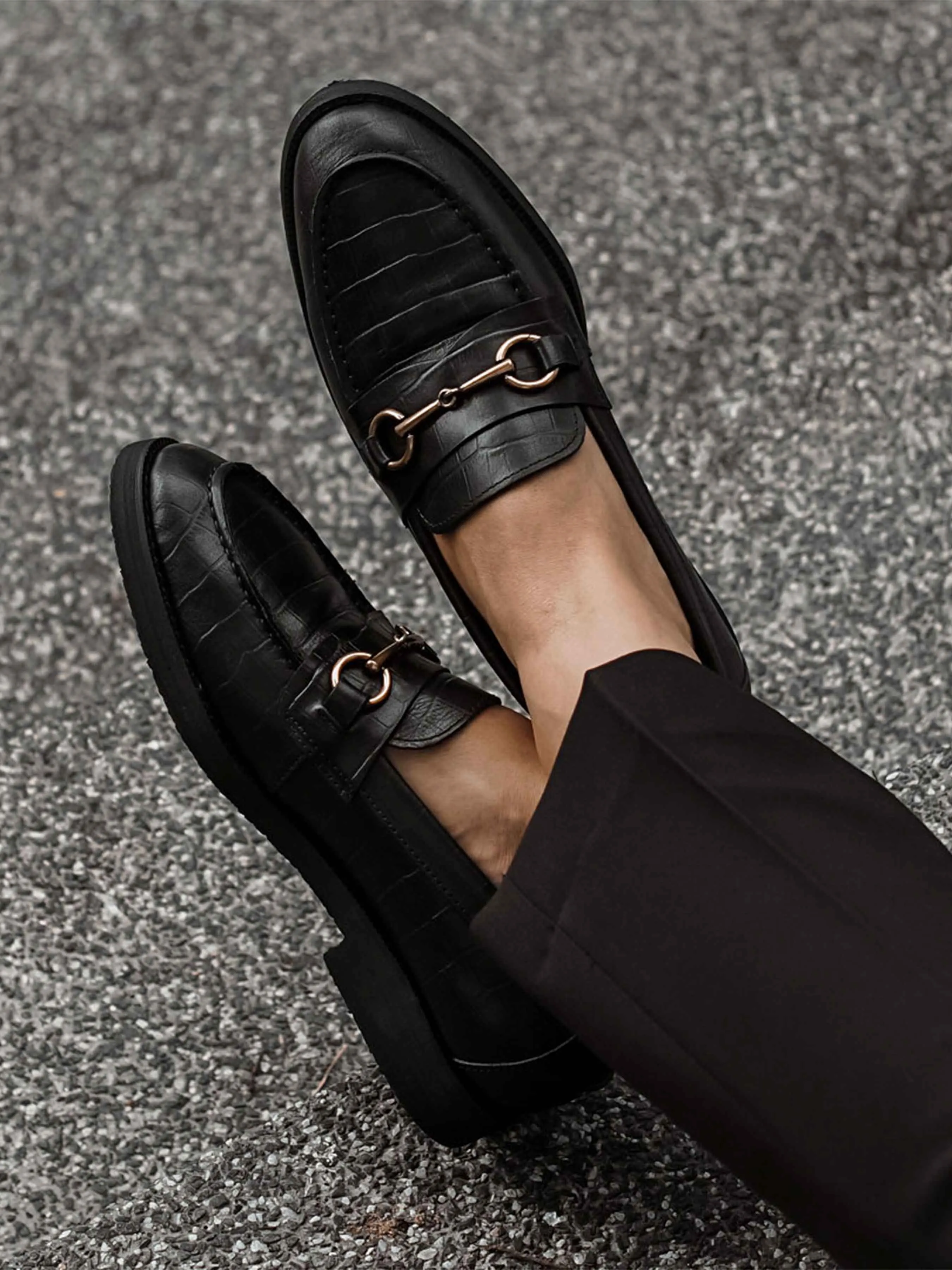 Penny Loafer Horsebit Buckle - Black Croco Leather (Crepe Sole)