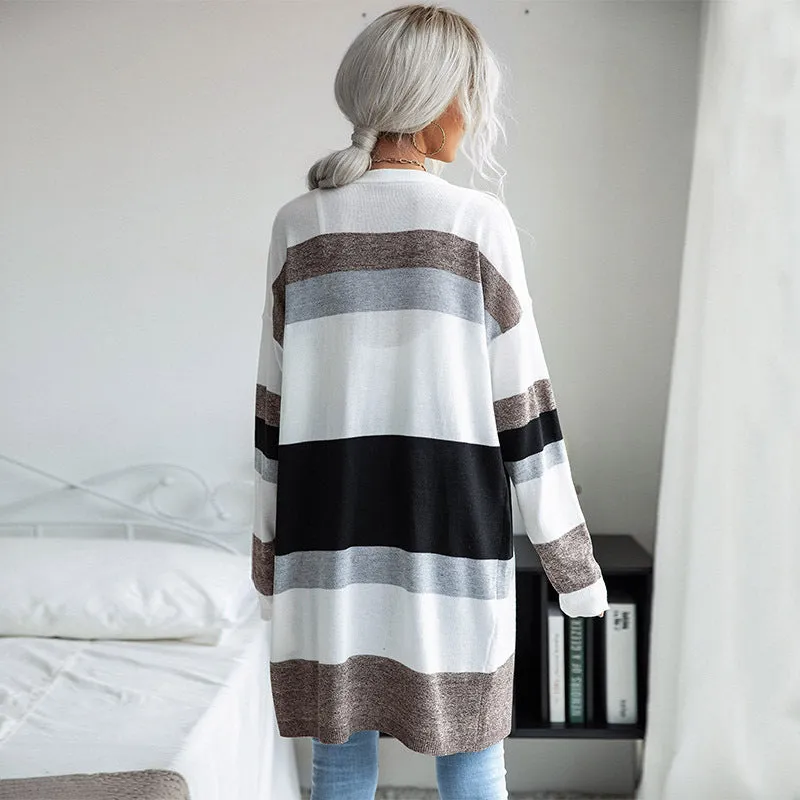 PEOPLETERRITORY New 2023 Spring and Autumn New Women's Clothing Thin Color-matching Striped Sweater Casual Home Air Conditioning Cardigan