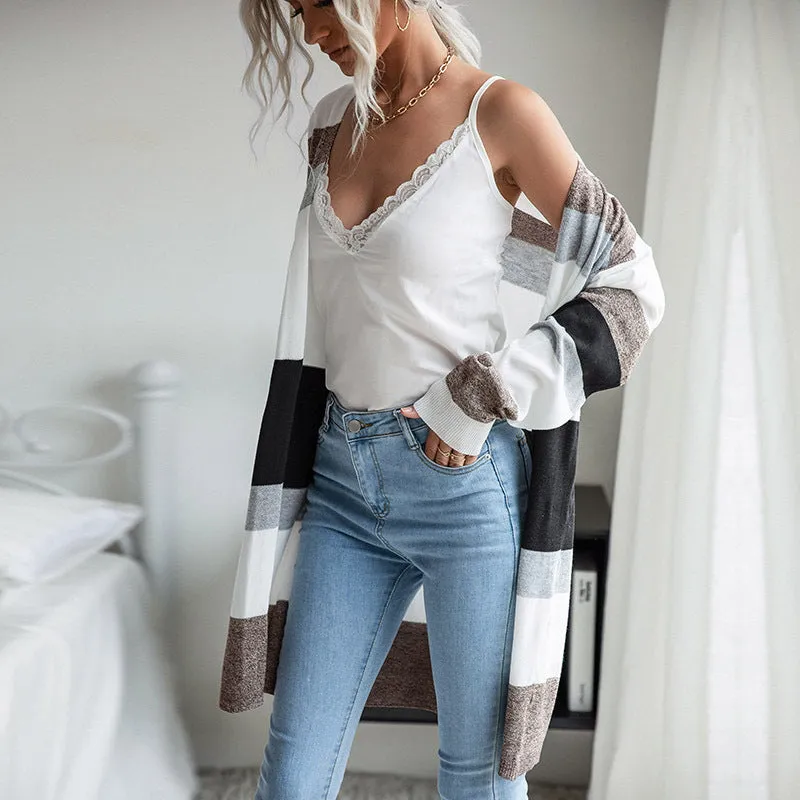 PEOPLETERRITORY New 2023 Spring and Autumn New Women's Clothing Thin Color-matching Striped Sweater Casual Home Air Conditioning Cardigan