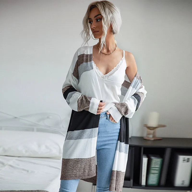 PEOPLETERRITORY New 2023 Spring and Autumn New Women's Clothing Thin Color-matching Striped Sweater Casual Home Air Conditioning Cardigan