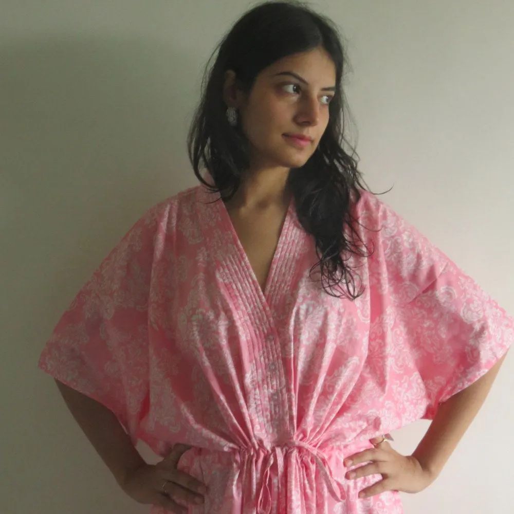 Pink Damask V-Neck Button Down to Waist, Ankle Length, Cinched Waist Caftan