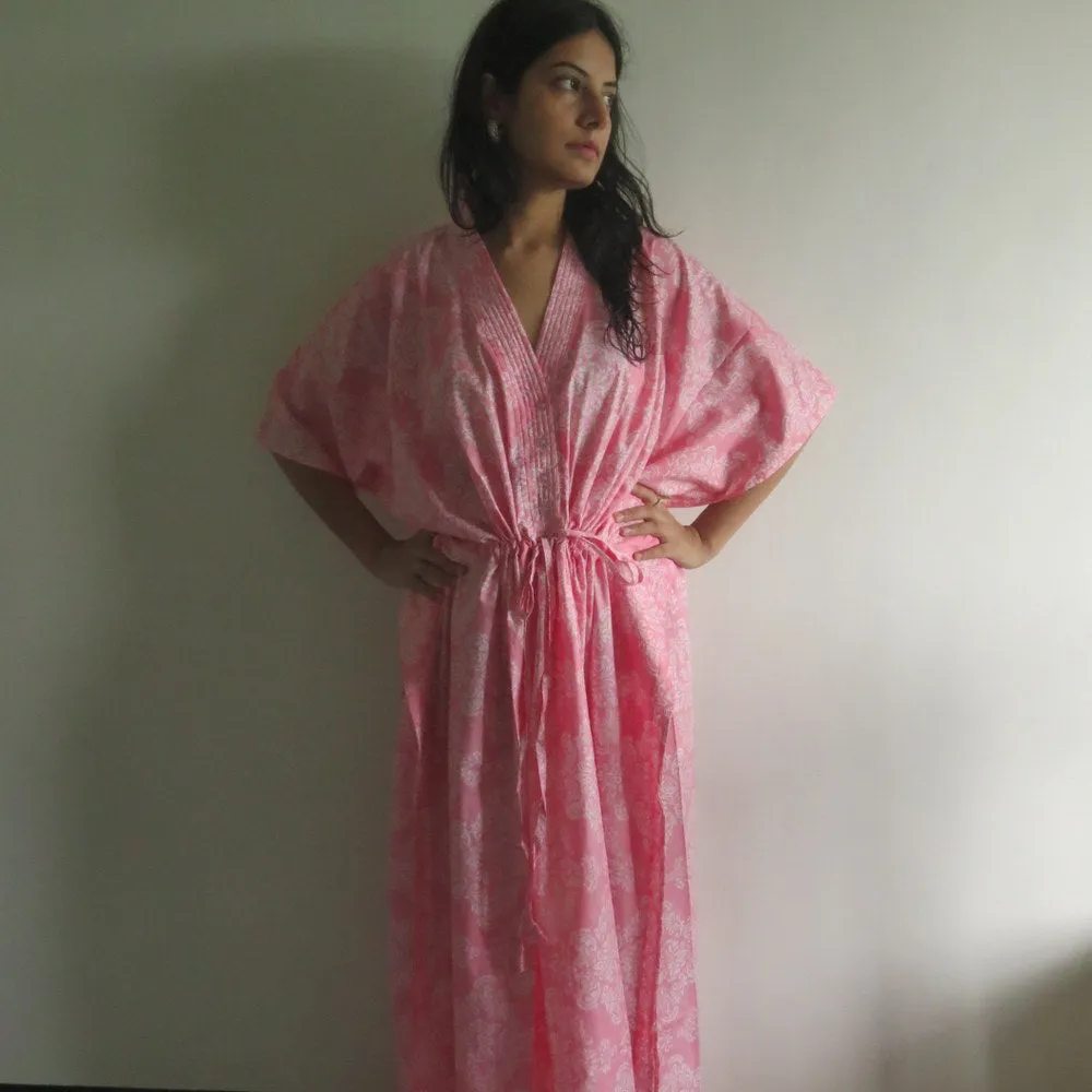 Pink Damask V-Neck Button Down to Waist, Ankle Length, Cinched Waist Caftan