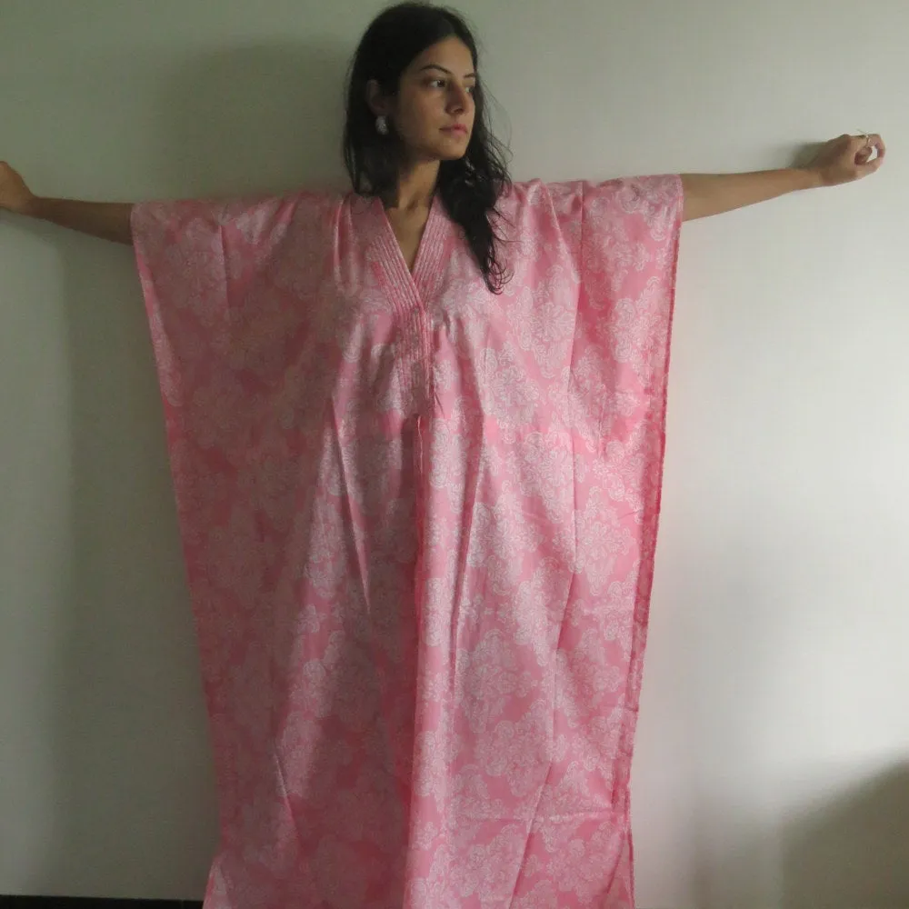 Pink Damask V-Neck Button Down to Waist, Ankle Length, Cinched Waist Caftan