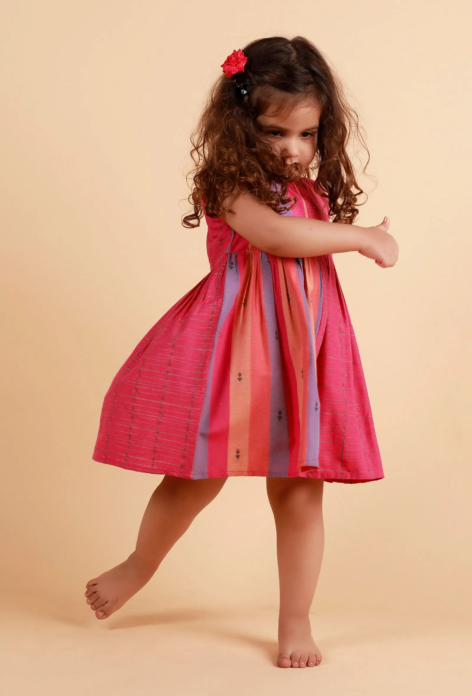 Pink Multicolor Stripe Flared Woven Dress