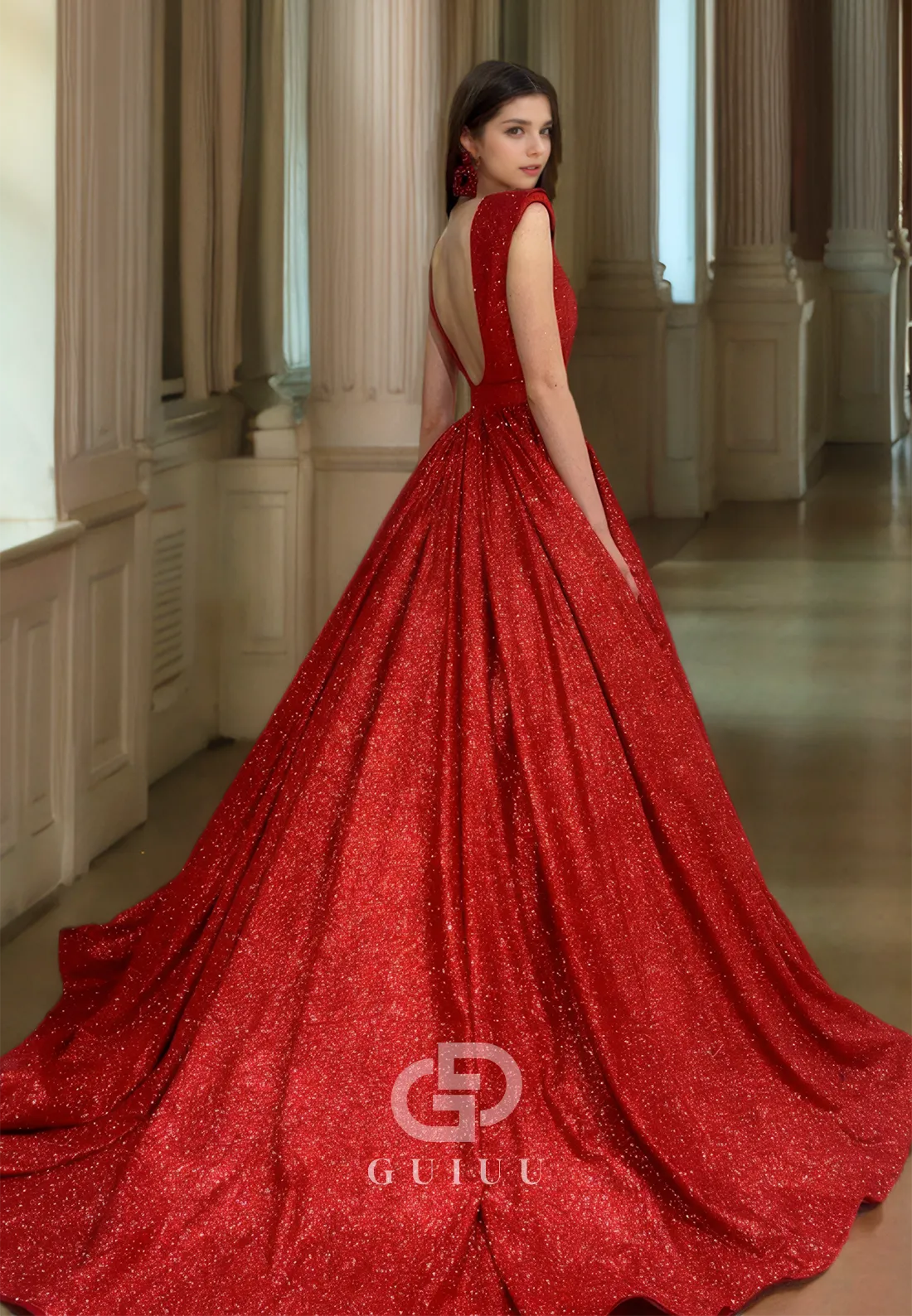 Plunging Deep V neck Cap Sleeves Red Sparkly Prom Party Dress Ball Gown