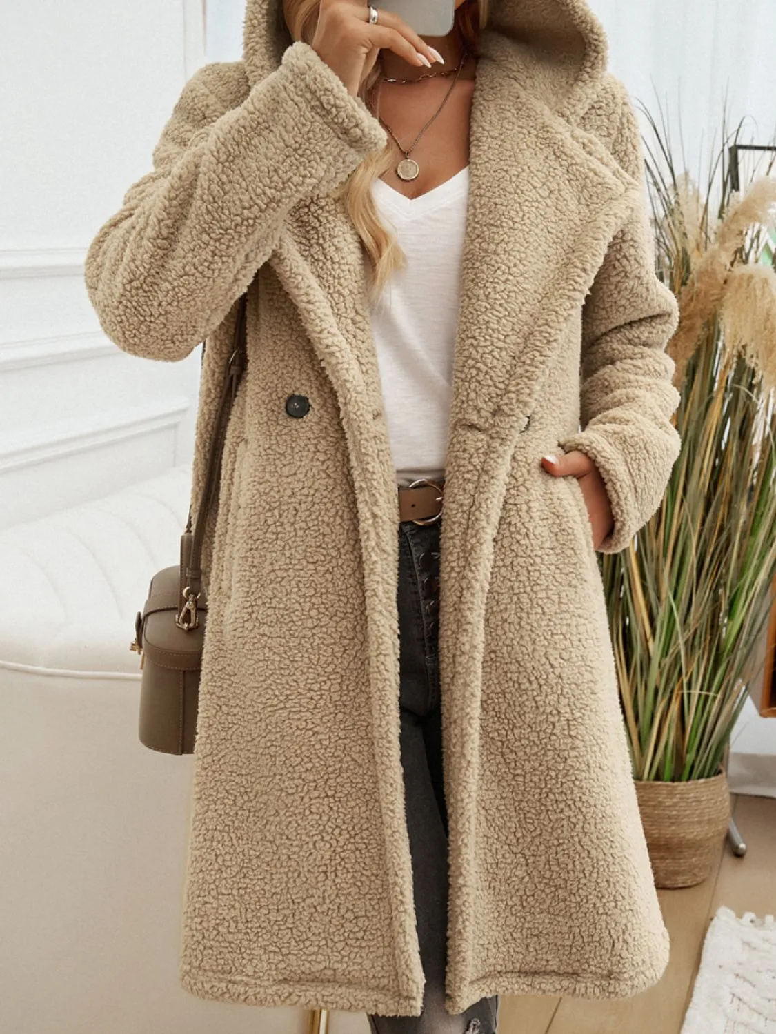 Pocketed Long Sleeve Hooded Teddy Coat