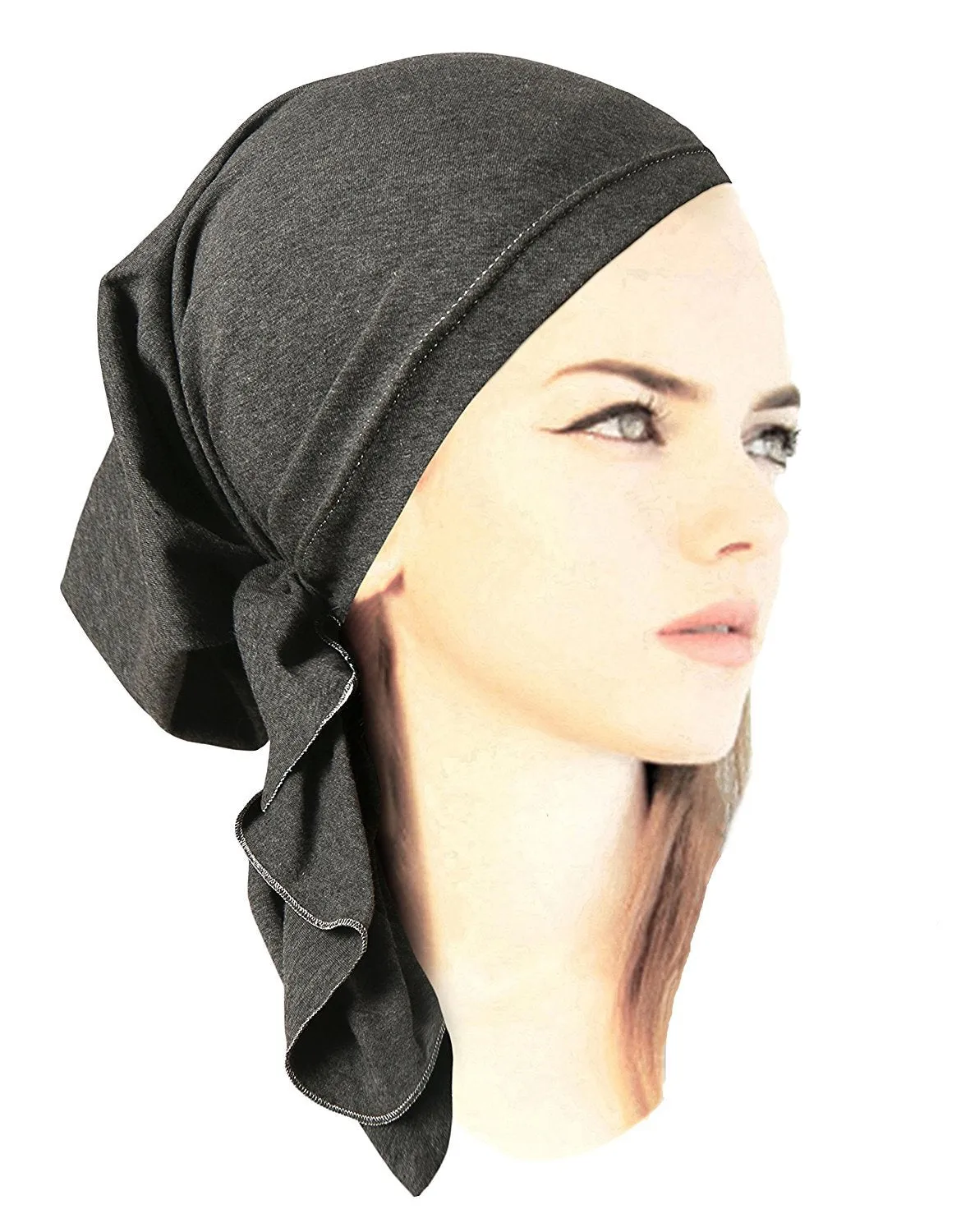 Pre-tied Head-scarf Tichel Cotton Boho Chic ShariRose Decorative Over-Lock Collection (Dark Grey Gray Silver)