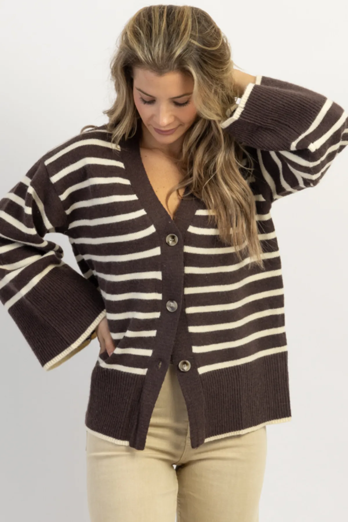 PRESLEY ESPRESSO STRIPE   BELL CARDIGAN