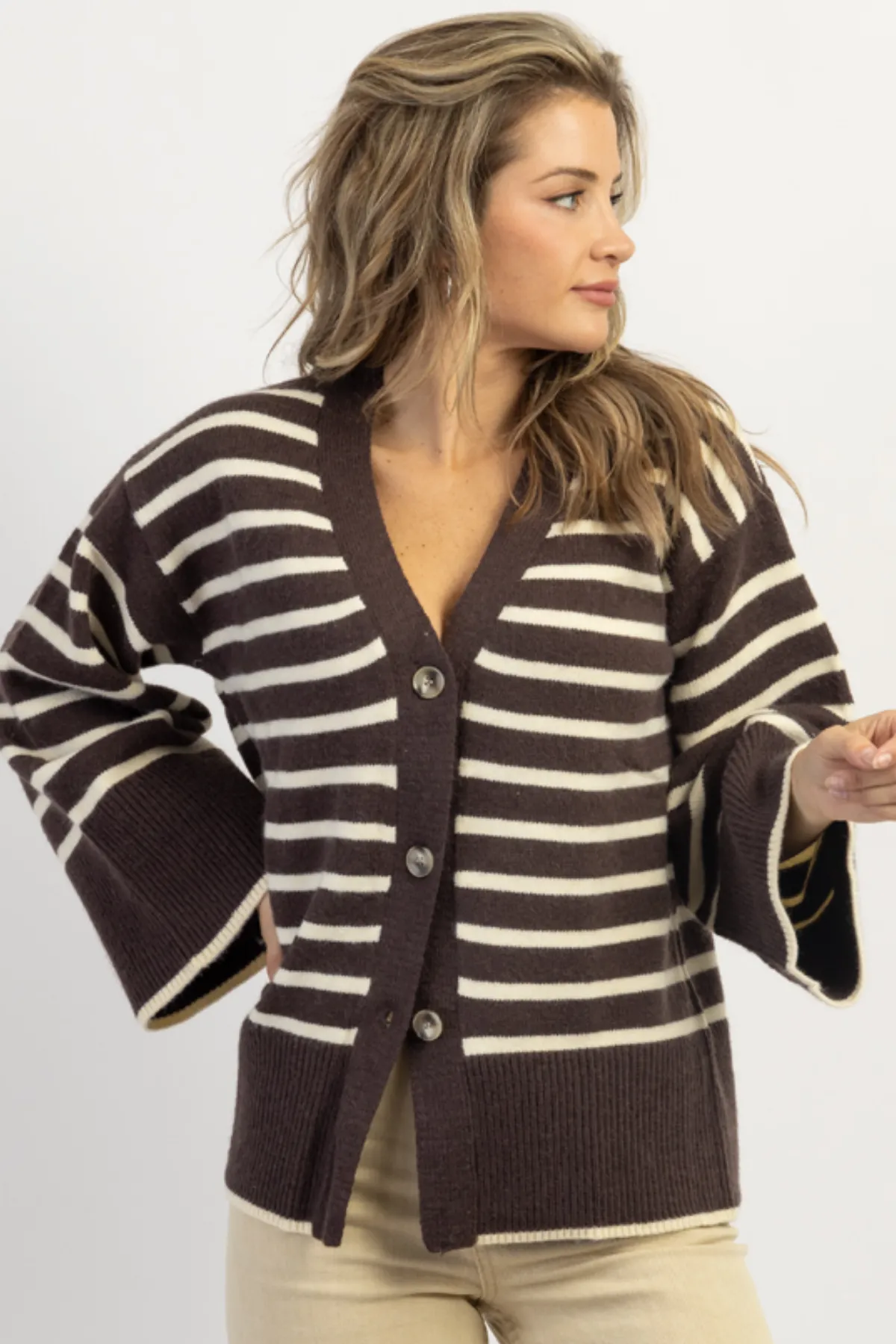 PRESLEY ESPRESSO STRIPE   BELL CARDIGAN