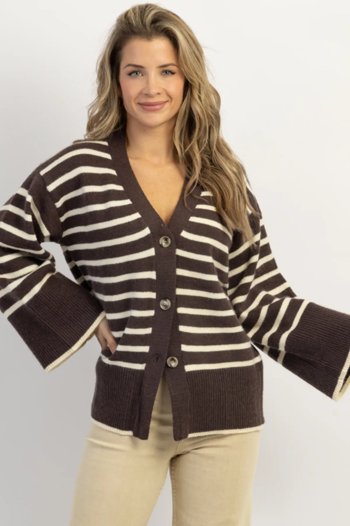 PRESLEY ESPRESSO STRIPE   BELL CARDIGAN