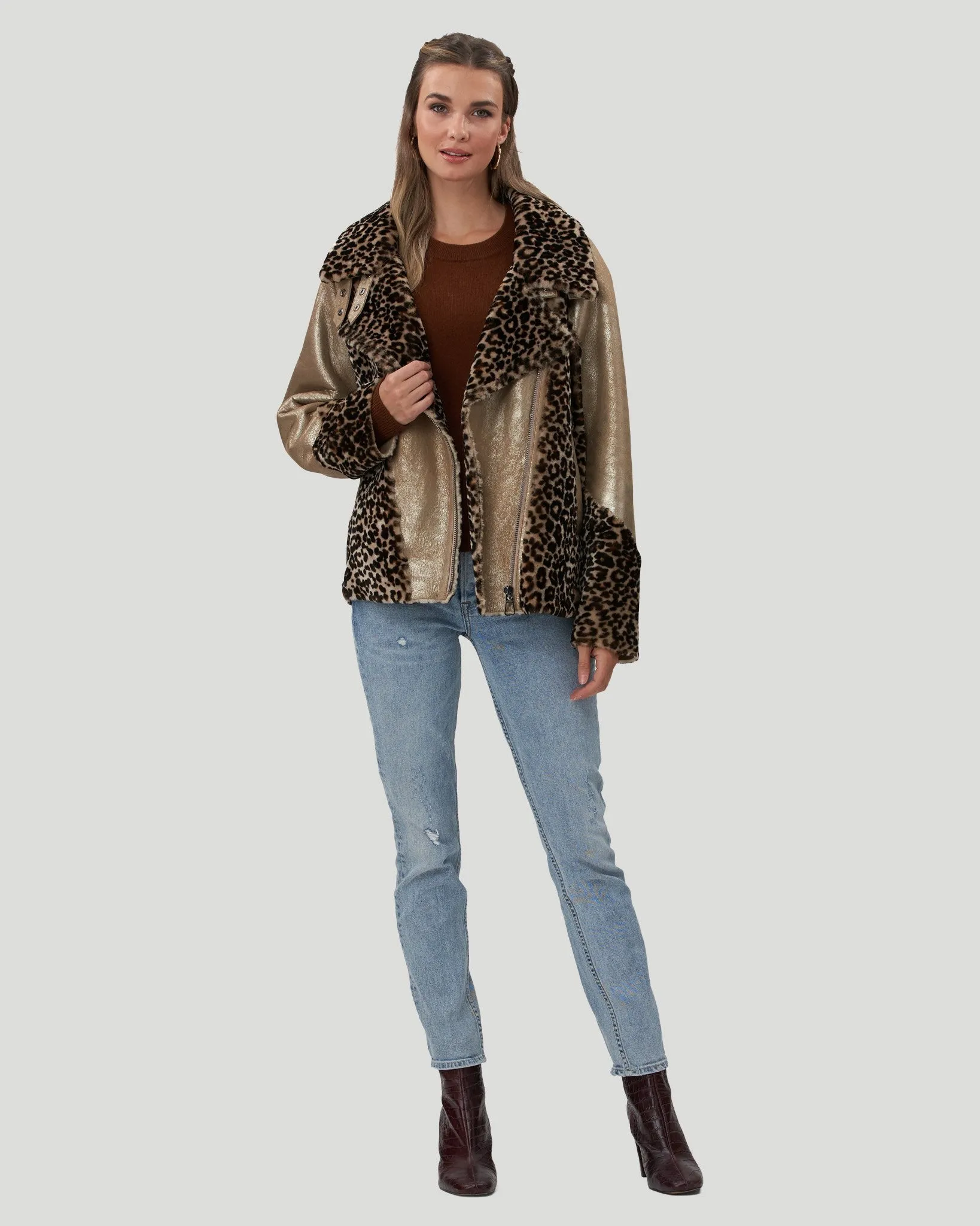 Printed Select Shearling Lamb Zip Moto Jacket