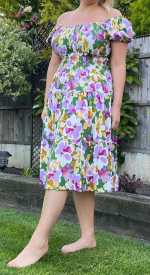 Purple And Green Multi Print Bardot Midi Dress