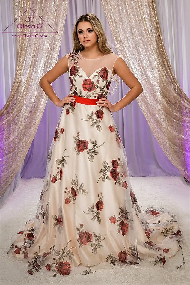 RED ROSE Illusion Neckline Floral Organza A-Line Bridal Gown