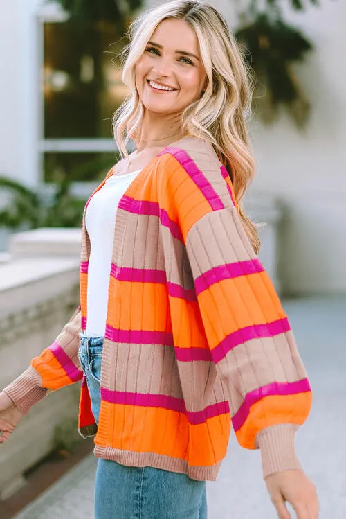 Ribbed Striped Open Front Long Sleeve Cardigan