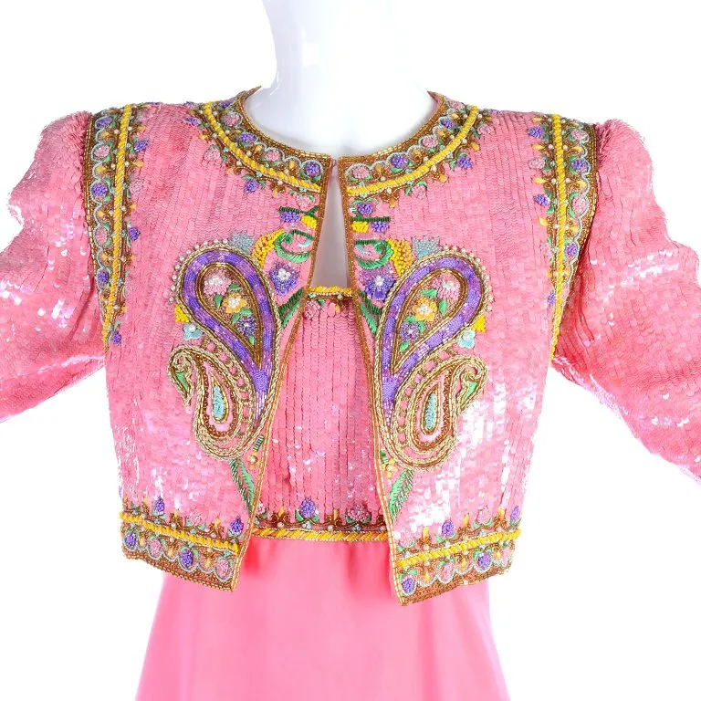 Richilene Pink Chiffon Vintage Dress w/ Beaded Sequined Cropped Jacket