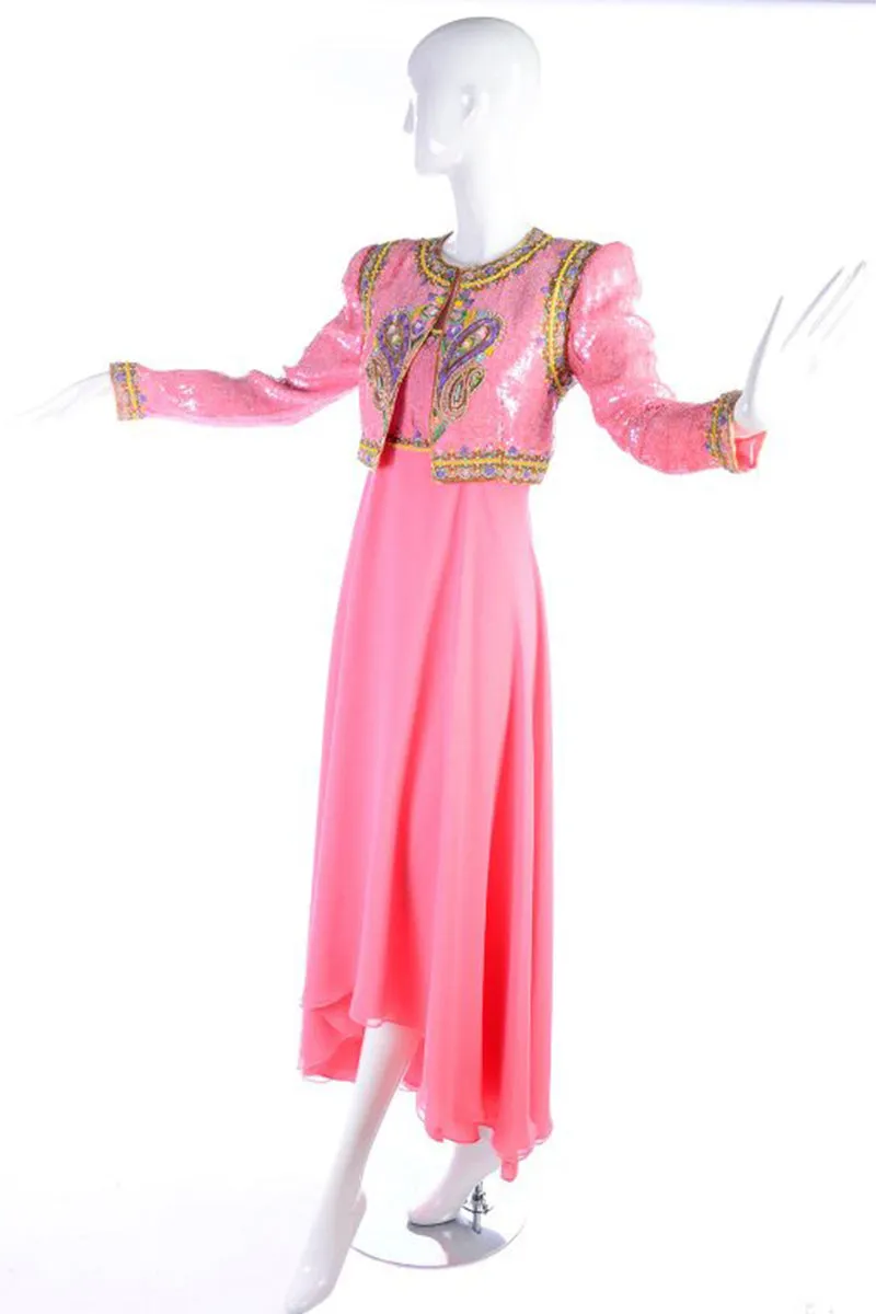 Richilene Pink Chiffon Vintage Dress w/ Beaded Sequined Cropped Jacket