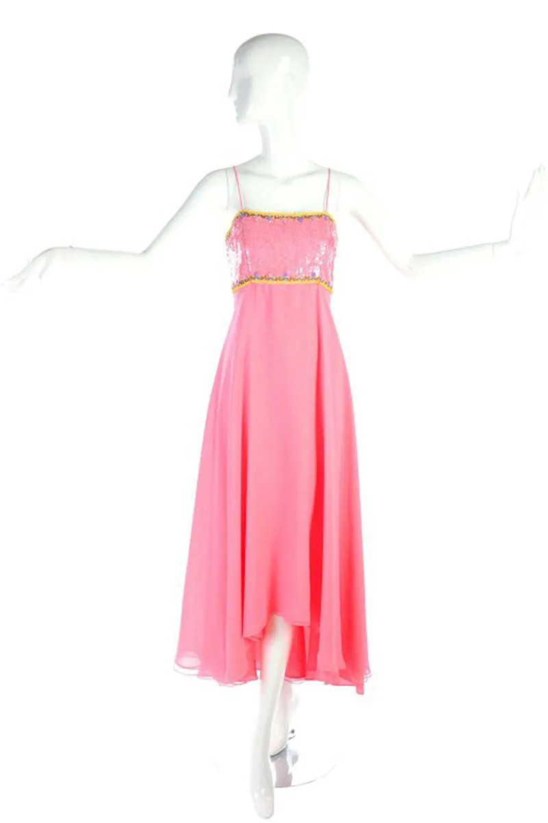 Richilene Pink Chiffon Vintage Dress w/ Beaded Sequined Cropped Jacket