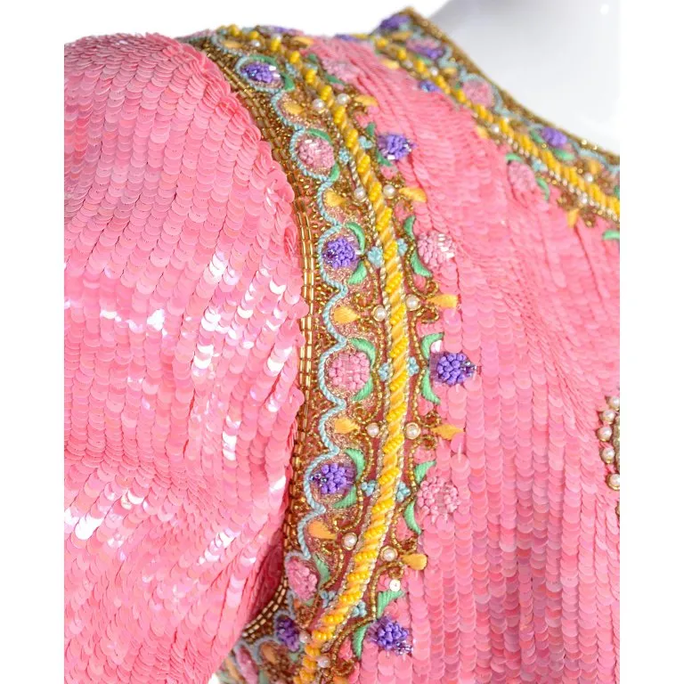 Richilene Pink Chiffon Vintage Dress w/ Beaded Sequined Cropped Jacket