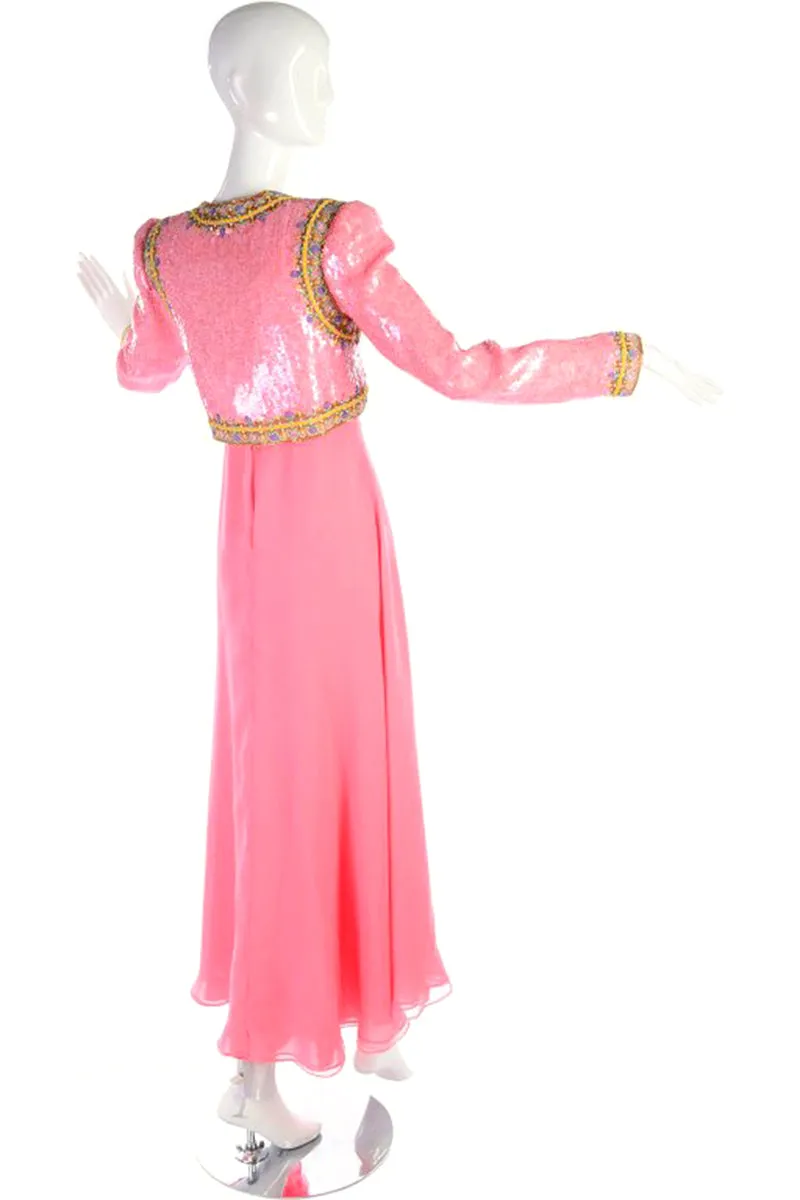 Richilene Pink Chiffon Vintage Dress w/ Beaded Sequined Cropped Jacket