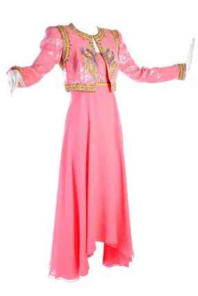 Richilene Pink Chiffon Vintage Dress w/ Beaded Sequined Cropped Jacket