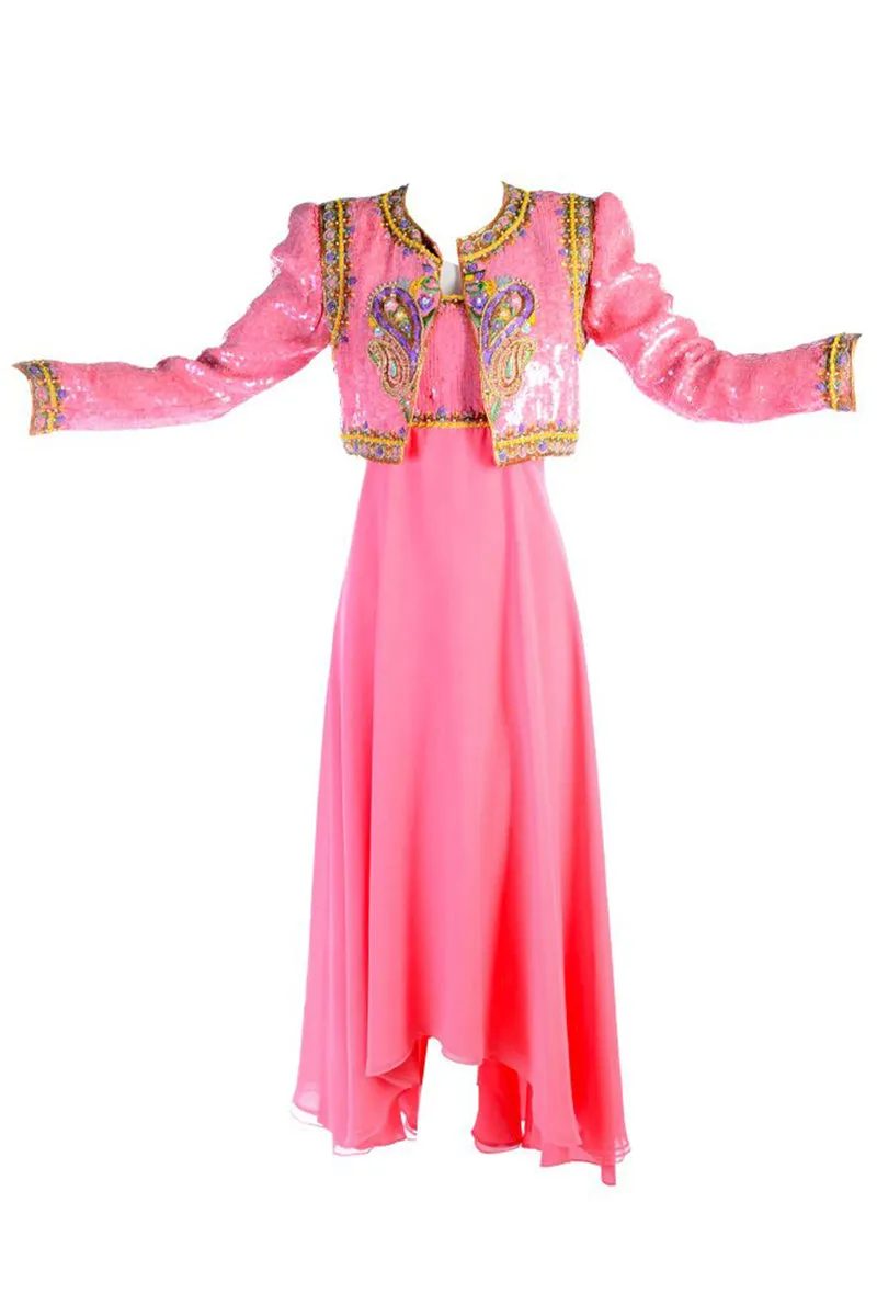 Richilene Pink Chiffon Vintage Dress w/ Beaded Sequined Cropped Jacket