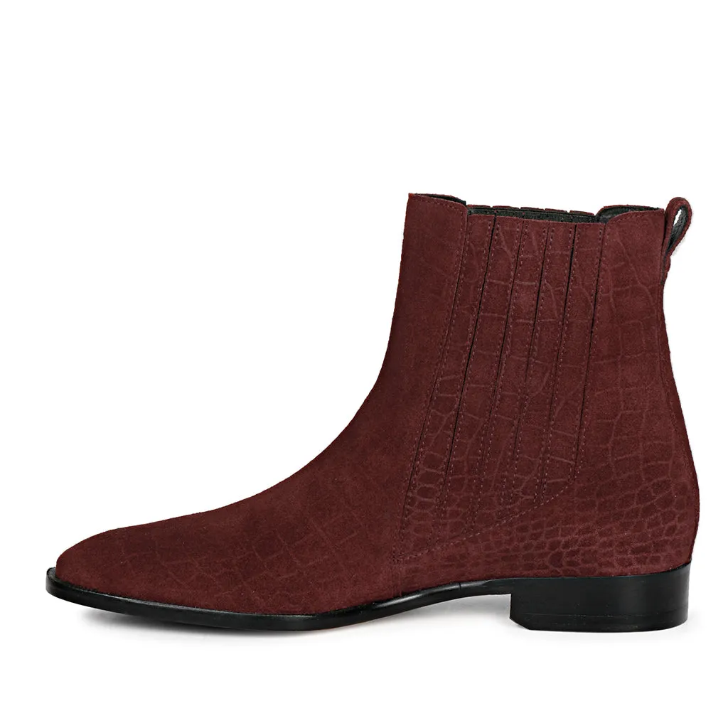 Saint Gorile Burgundy Croco Print Suede Leather Chelsea boot