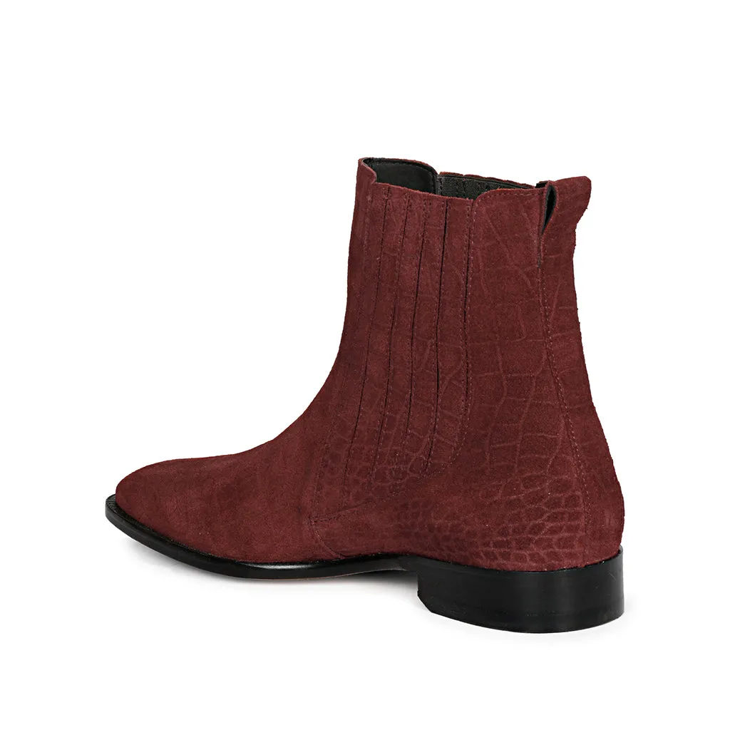 Saint Gorile Burgundy Croco Print Suede Leather Chelsea boot