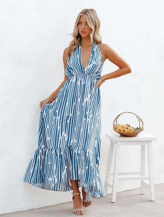 Sexy backless suspender deep V big swing striped dress